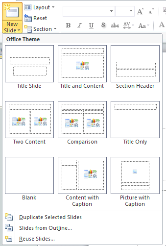 slide layout options in Microsoft PowerPoint 2010 for PC