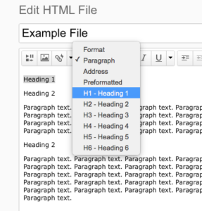 Select Headings in the HTML editor.