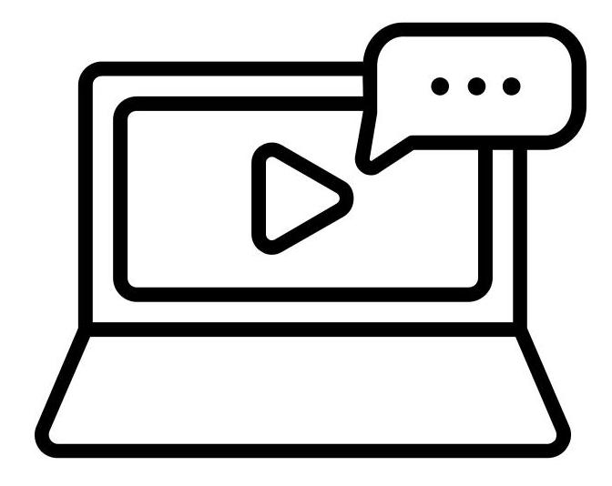 Black and white icon of a laptop showing a video play button with a speech bubble.