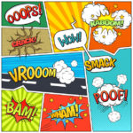 comic book graphic with text: bam! broom! crack! oops! Wow! Kaboom! Smack! poof! wham!