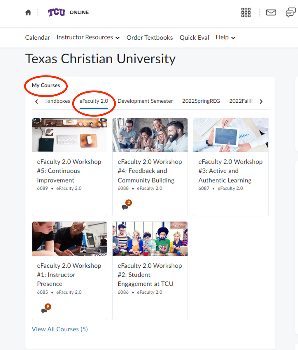 Image showing how to access the eFaculty tab on the homepage of TCU Online